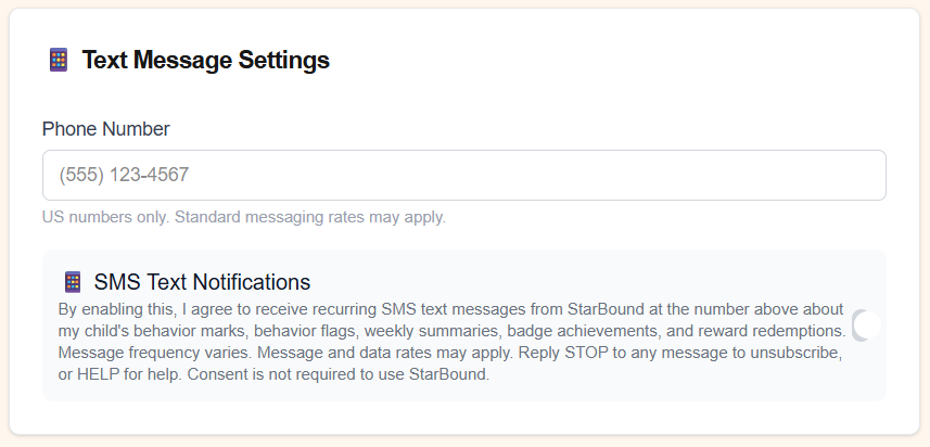 StarBound parent settings: Delivery Method selector and Text Message Settings panel showing the SMS Text Notifications toggle and consent language.